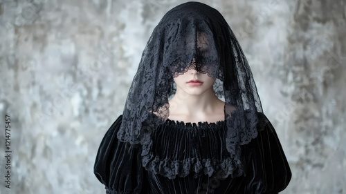 A somber Victorian widow in a dramatic black dress with heavy velvet fabric and her delicate lace veil partially obscuring her face, creating an aura of mystery.