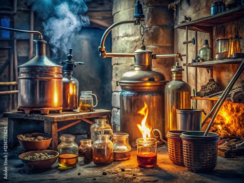 Vintage Photo: Homemade Moonshine Still in a Russian Garage, 21st Century photo