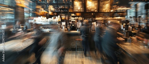 Busy Urban Café with Blurred Motion of Customers and Barista Activity