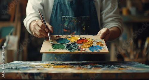 Artist Holding a Paint Palette with Vibrant Colors in a Creative Studio photo