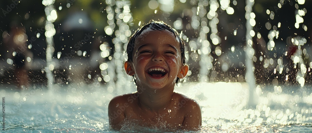Fototapeta premium Joyful Child Laughing in Splashes of Water at Outdoor Fountain Play Area