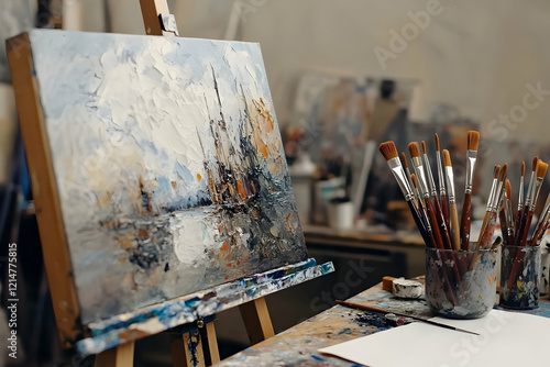 Painterly Seascape on Easel in Artist's Studio photo