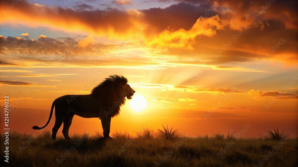 African lion silhouette on savannah grasslands at sunset, wildlife, african lion, wildlife African lion silhouette on savannah grasslands at sunset, wildlife, african lion, wildlife
