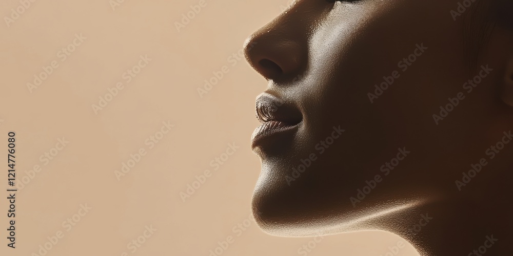 Profile silhouette of female face with focus on lips and nose in warm light Profile silhouette of female face with focus on lips and nose in warm light