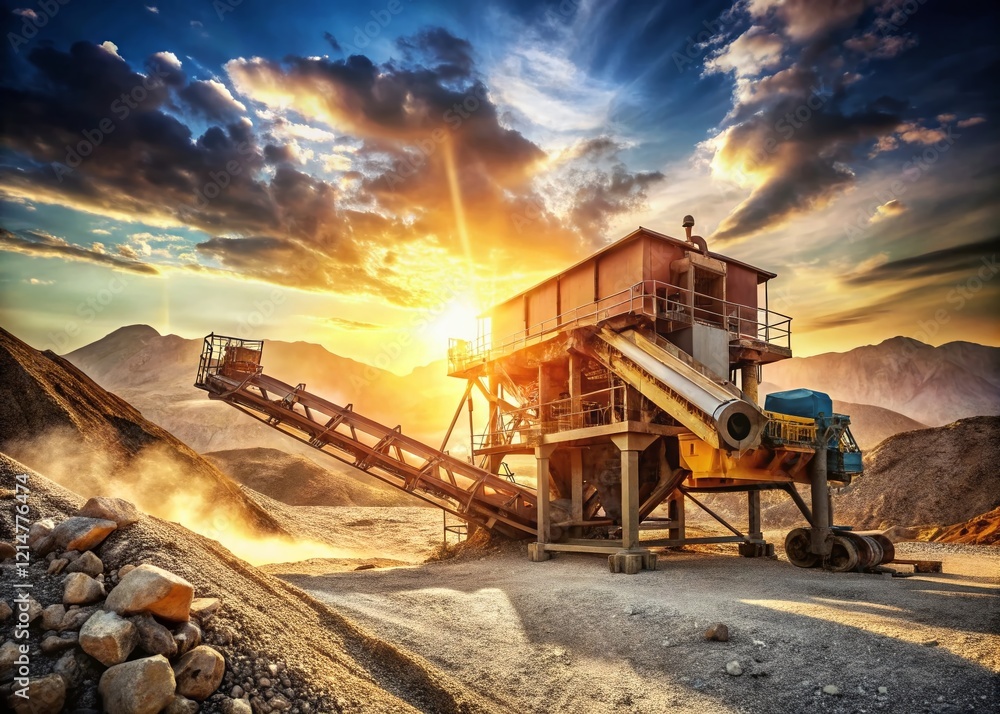 Fototapeta premium Vintage Photo: Portable Cone Rock Crusher in Action - Industrial Mining Equipment