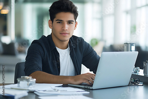 P A young Hispanic businessman sitting at a s photo