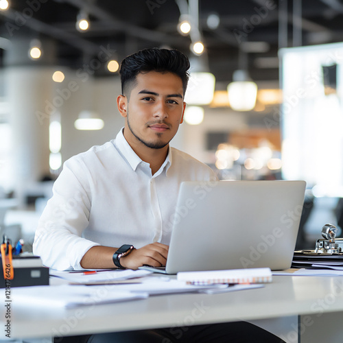 P A young Hispanic businessman sitting at a s photo