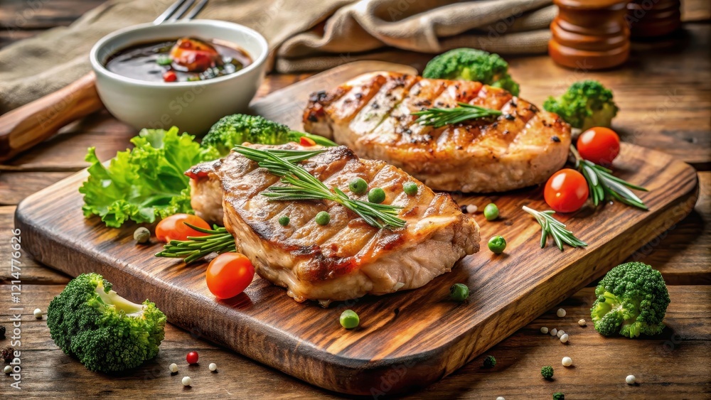Pan-fried pork chops on a wooden cutting board, with a side of steamed vegetables and a drizzle of soy sauce, garnished with fresh herbs , herbs garnish, steamed vegetables Pan-fried pork chops on a wooden cutting board, with a side of steamed vegetables and a drizzle of soy sauce, garnished with fresh herbs , herbs garnish, steamed vegetables