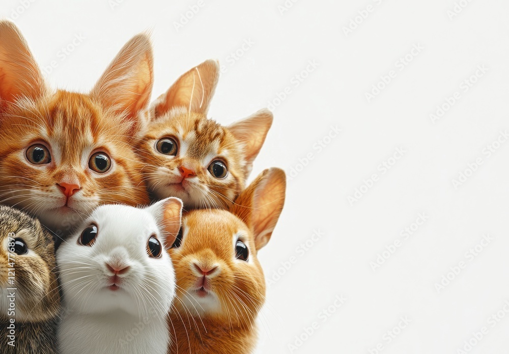 Group of Cute Young Cats and Rabbits Looking Adorably at the Camera with Large Eyes, Creating a Heartwarming and Playful Atmosphere of Friendship and Love in a Soft Background Group of Cute Young Cats and Rabbits Looking Adorably at the Camera with Large Eyes, Creating a Heartwarming and Playful Atmosphere of Friendship and Love in a Soft Background