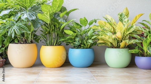 Lush indoor garden corner showcasing diverse plants with rich textures, vibrant pots on tiled floor, forming a lively retreat within city life.
