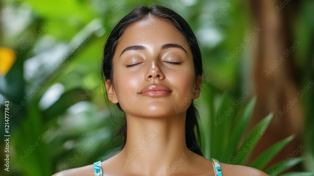 Serene Woman with Closed Eyes in Lush Tropical Environment Serene Woman with Closed Eyes in Lush Tropical Environment