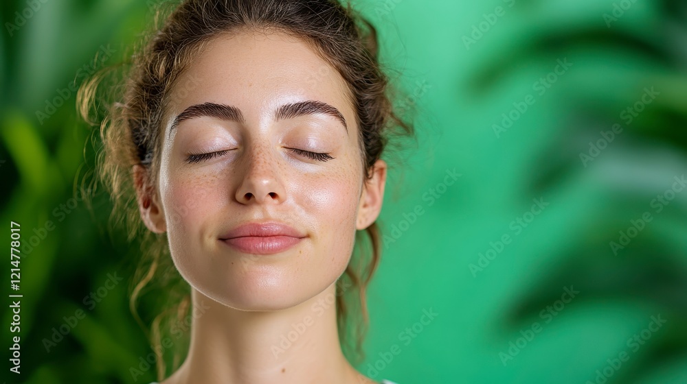 Fototapeta premium Peaceful Woman with Closed Eyes in Natural Green Background