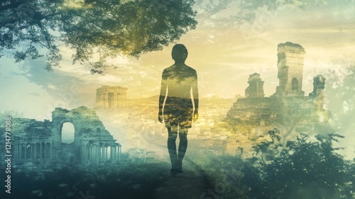 Silhouette of a person standing amidst superimposed images of ancient ruins and lush nature at sunset.