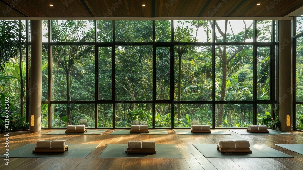 Fototapeta premium Serene Yoga Studio Surrounded by Nature with Sunlight and Tranquility