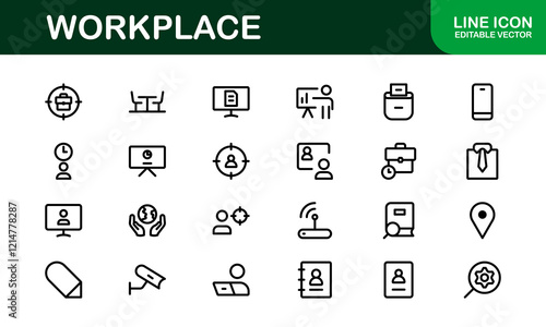 Modern Workplace Icon Set. Professional Icons for Office, Collaboration, Productivity, and Business Tools in Minimalist and Outline Styles. photo