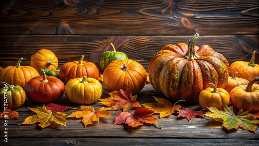 Richly colored autumn pumpkins and fallen leaves scattered on a dark wooden background create a warm atmosphere, seasonal decorations, fall leaves Richly colored autumn pumpkins and fallen leaves scattered on a dark wooden background create a warm atmosphere, seasonal decorations, fall leaves