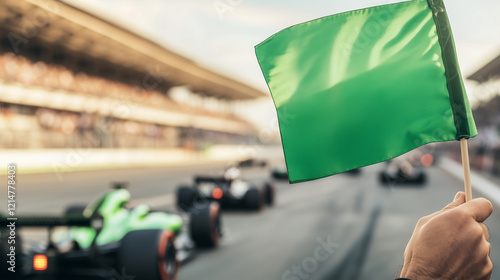 Green flag waves as Formula 1 cars race in the background