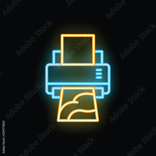 Neon icon of a printer printing a photo, perfect for concepts related to technology and printing