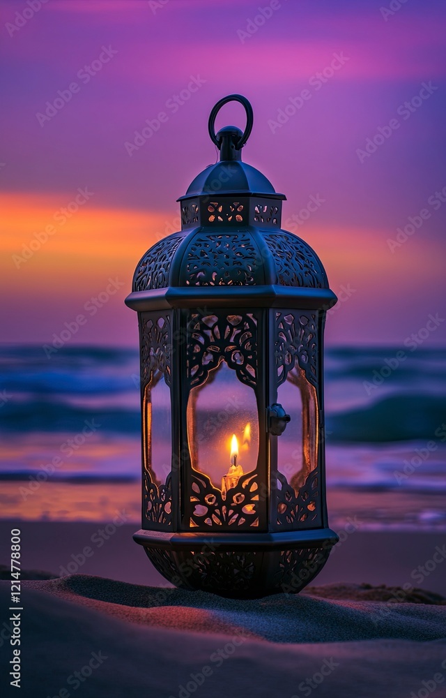 A beautiful Ramadan lantern stands on the sand of an exotic beach at sunset, with space for text A beautiful Ramadan lantern stands on the sand of an exotic beach at sunset, with space for text