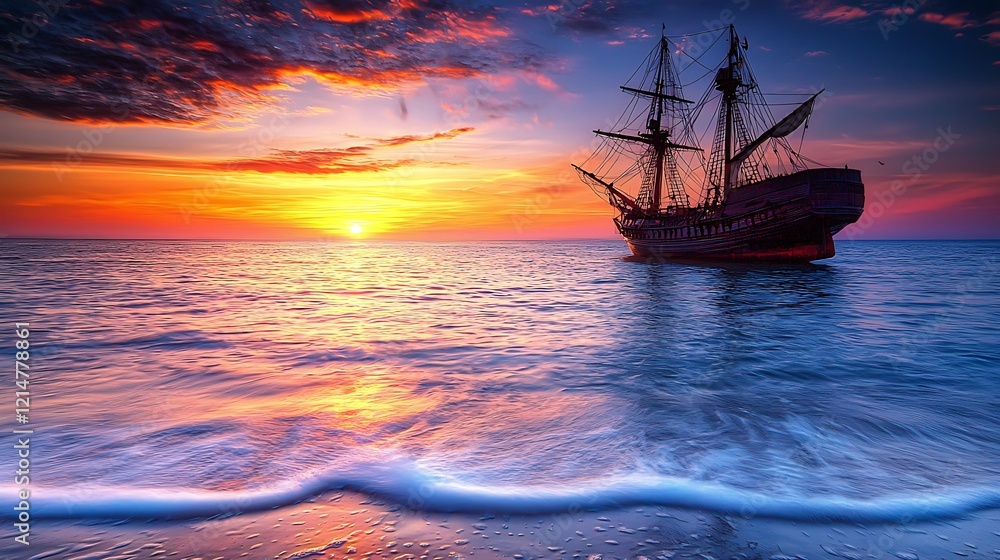 Obraz premium Sunset galleon ocean beach waves sunrise travel