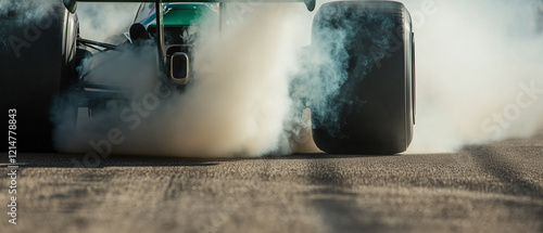 Green Formula 1 car’s rear wing during smokey burnouts photo