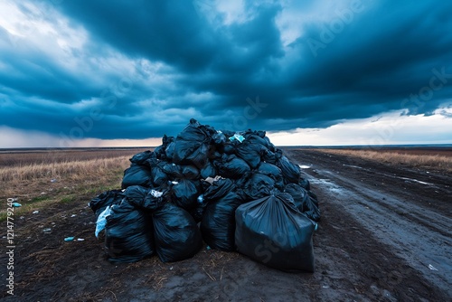 Garbage bags roadside, stormy sky, environmental pollution, waste disposal photo