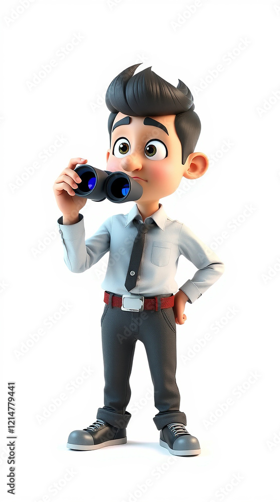 3D cartoon man looking through binoculars 3D cartoon man looking through binoculars