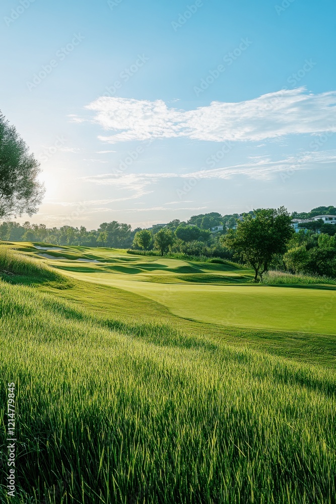 Obraz premium golf course with rolling green fairways, trees and grass under a bright blue sky golf club landscape