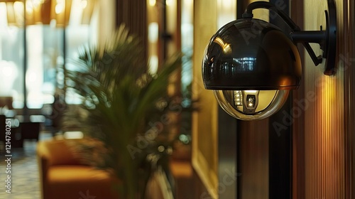 A close-up of a high-definition CCTV camera installed in the corner of a hotel lobby, monitoring guests and visitors photo