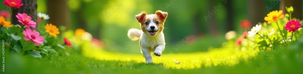 Happy dog running freely in a lush green garden with colorful flowers and trees, flower, happy, garden