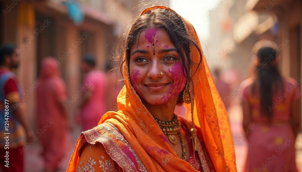 Fototapeta premium Beautiful Indian woman celebrating Holi festival of colors. Concept of tradition, culture, and celebration.