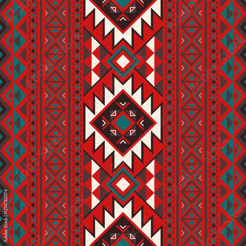 Traditional Tribal Pattern for Seamless Textile Design. Geometric Ethnic Motif with Red and Teal Diamond Shapes. Abstract Geometric Boho Pattern for Ethnic Art. Vector illustration.