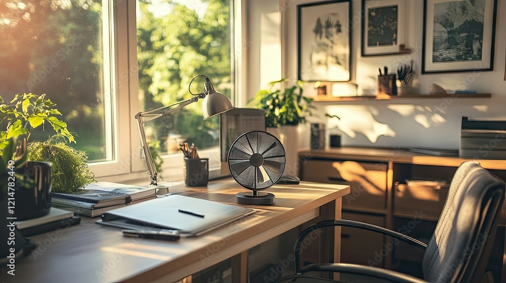 Fototapeta premium A compact tabletop fan with small spinning blades, surrounded by minimalistic furniture in a home office