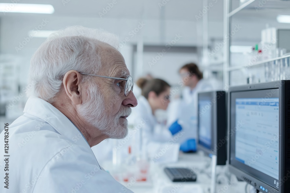 Elderly scientist focusing on computer screen in lab. Team of researchers working in background. Focused on medical research during pandemic. Dedicated to vaccine development, cure solutions. Modern Elderly scientist focusing on computer screen in lab. Team of researchers working in background. Focused on medical research during pandemic. Dedicated to vaccine development, cure solutions. Modern