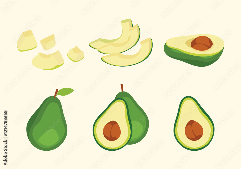 Avocado set: Whole fruit with leaf, half with seed and slices isolated on background. Healthy diet. Vector illustration. Avocado set: Whole fruit with leaf, half with seed and slices isolated on background. Healthy diet. Vector illustration.