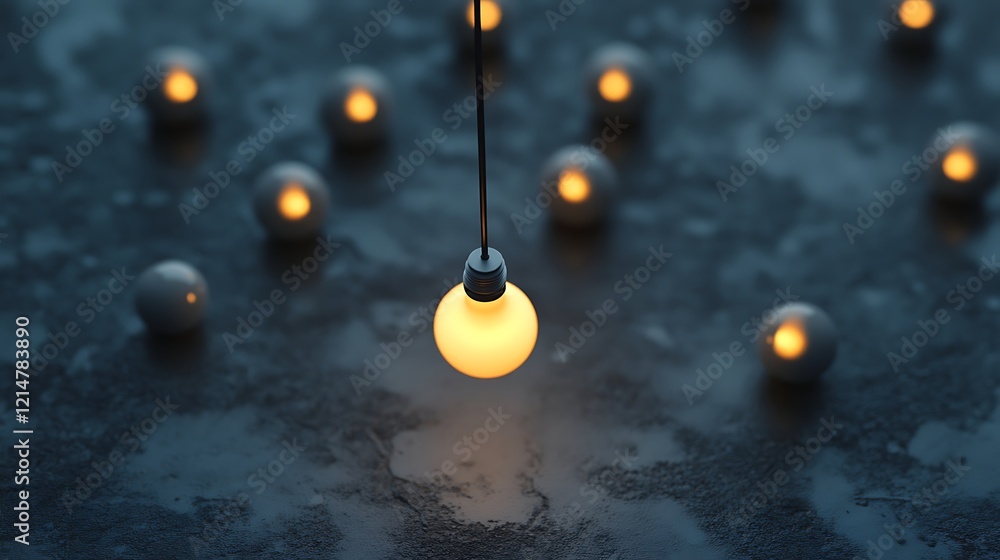 Fototapeta premium Light bulb hanging from a black wire glowing softly surrounded by unlit bulbs on a gray surface