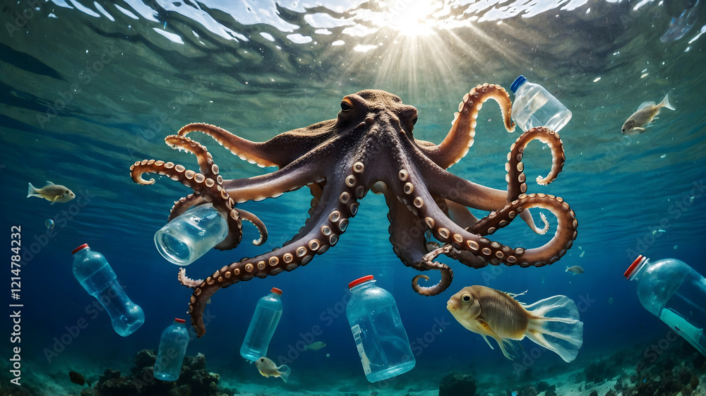 Obraz premium Octopus underwater surrounded by plastic bottles, highlighting ocean pollution and environmental concerns.