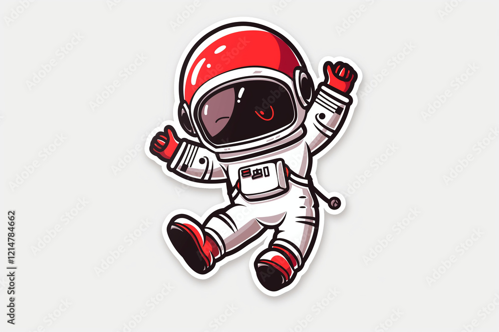 Adorable astronaut with red helmet in jumping with arms raised in joy Adorable astronaut with red helmet in jumping with arms raised in joy