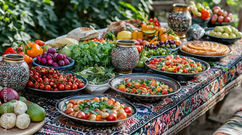 A beautifully decorated table features an array of traditional Muslim dishes, brimming with vibrant fruits, vegetables, and aromatic herbs, reflecting the joy of celebration A beautifully decorated table features an array of traditional Muslim dishes, brimming with vibrant fruits, vegetables, and aromatic herbs, reflecting the joy of celebration