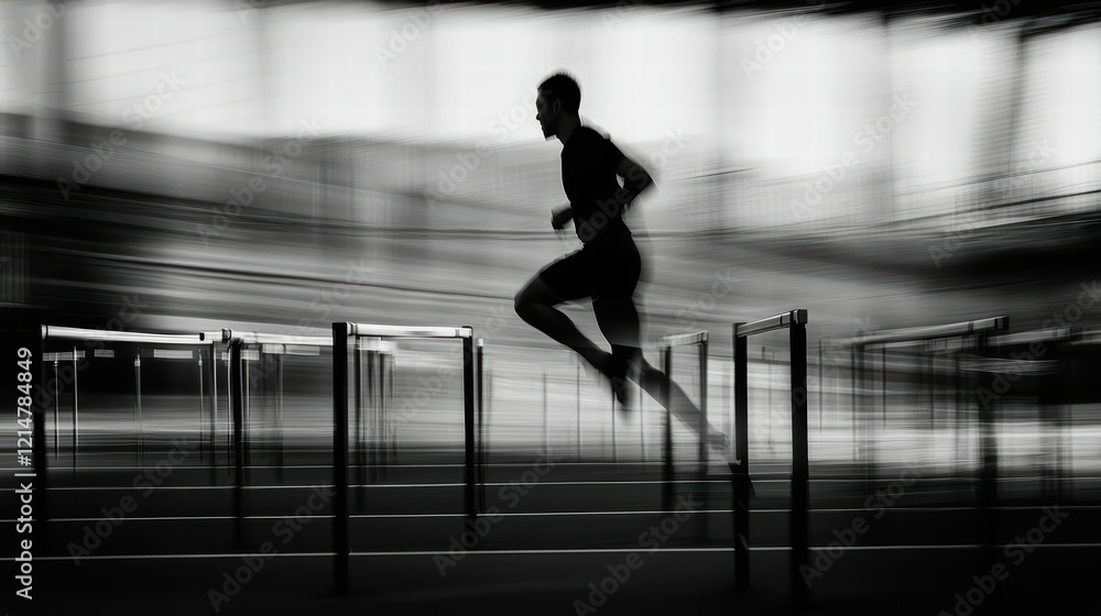 Silhouette of Male Runner Jumping Over Hurdles in Blurred Motion Silhouette of Male Runner Jumping Over Hurdles in Blurred Motion