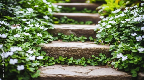 Stone steps lined with lush greenery and delicate white flowers in a garden. photo