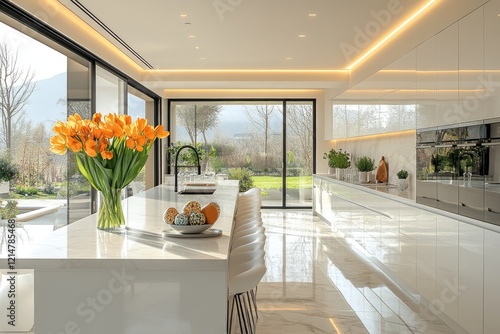 White modern kitchen interior, with kitchen island decorated elegantly for Easter with Easter eggs and spring flowers on the counter top