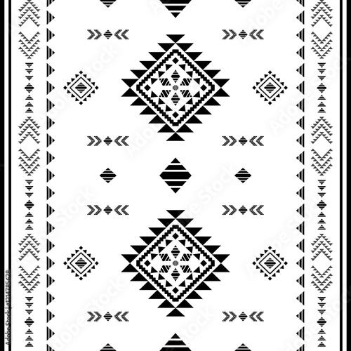 Southwest Aztec geometric Native American Mexican Navajo tribal ethnic boho indian texture ornament seamless pattern fabric black and white design vector for woven textile printing blanket rug carpet 