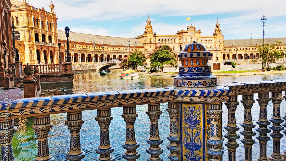 Fototapeta premium The pavilion buildings around the lake with the detail of the tiled balustrade. Plaza de España (Spain Square) in the Maria Luisa Park, Seville, Spain, Europe.