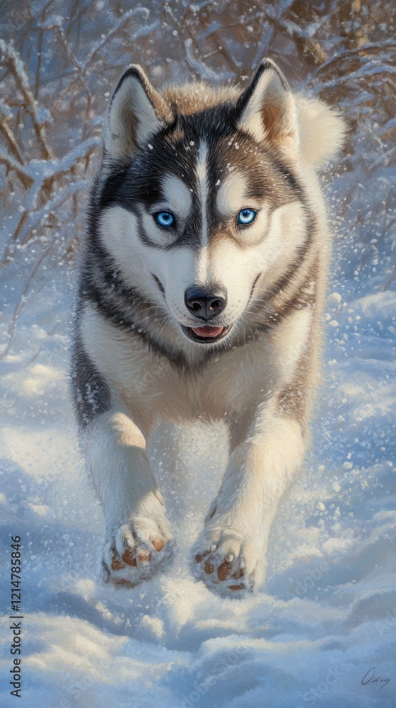 Husky running in snowy winter scene. Husky running in snowy winter scene.