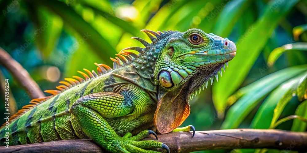 Obraz premium Calm Iguana on Lush Green Branch - Stock Photo