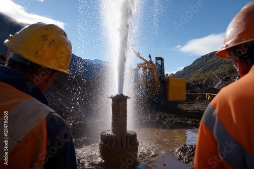 Construction workers observe water being pumped from a well at a drilling site, showcasing the essential process involved in excavation and site preparation for projects. photo