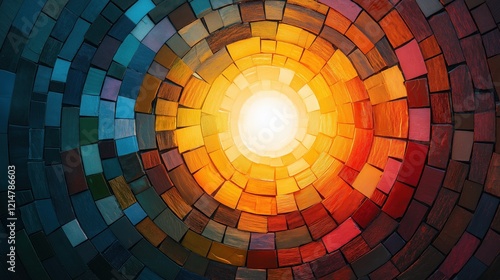 Vibrant mosaic spiral with glowing center symbolizes unity, hope, collective strength, embodying Nelson Mandela’s ideals of harmony and interconnectedness, ideal for inspirational, awareness campaigns