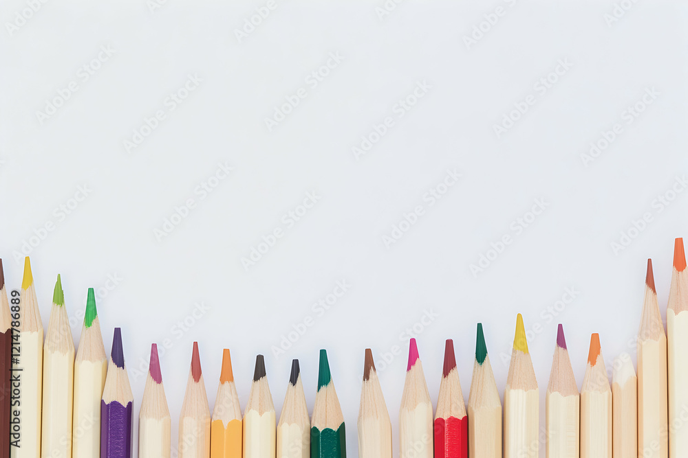 Vibrant Colored Pencils Arranged on White Background, Creating a Playful and Creative Composition Vibrant Colored Pencils Arranged on White Background, Creating a Playful and Creative Composition
