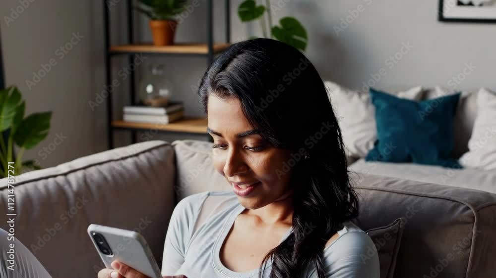 Woman Engaged with Smartphone in Cozy Living Room Footage Woman Engaged with Smartphone in Cozy Living Room Footage